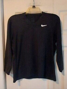 Nike Dri Fit Slim Shirt Womens Med Black Long Sleeve V Neck Training Top
